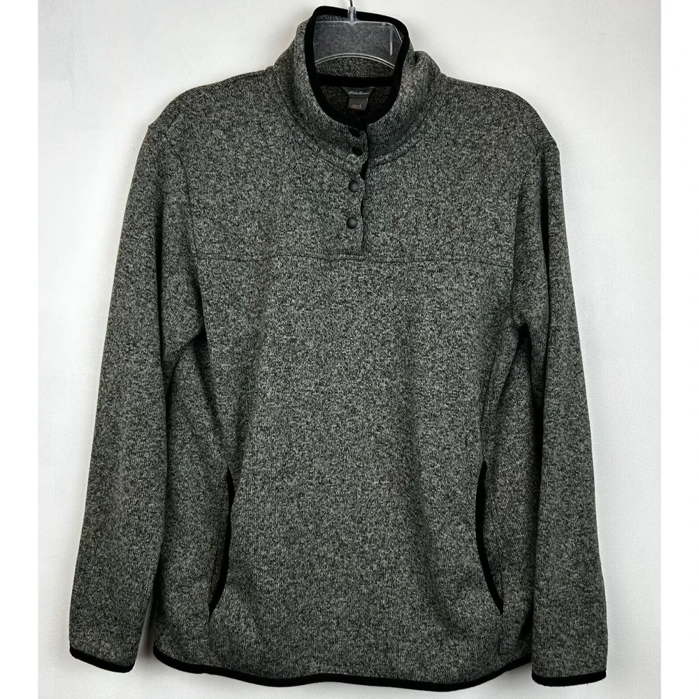 Eddie Bauer Sweatshirt Womens L Pullover 1/4 Snap Gray Heather Fleece Cozy